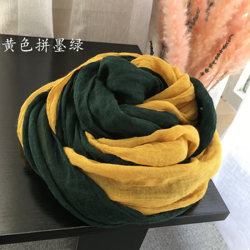 yeae棉麻围巾女夏薄款春秋双色拼接文艺纯色护颈防晒披肩百搭围脖纱巾