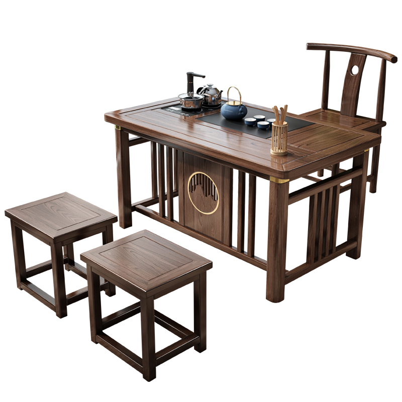 凝古轩 实木阳台茶桌椅组合 新中式茶桌小户型茶台桌套装功夫泡茶桌茶几桌 1.2m明月茶桌+1圈椅+2月牙椅