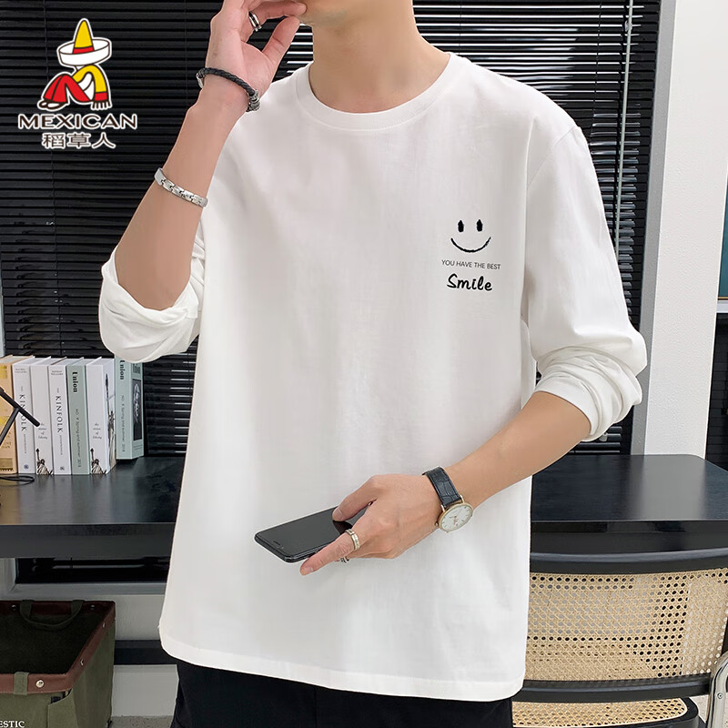 稻草人（MEXICAN）长袖t恤男 休闲韩版圆领打底衫男青年宽松潮流上衣男装 J9FA521210373 白色 XL