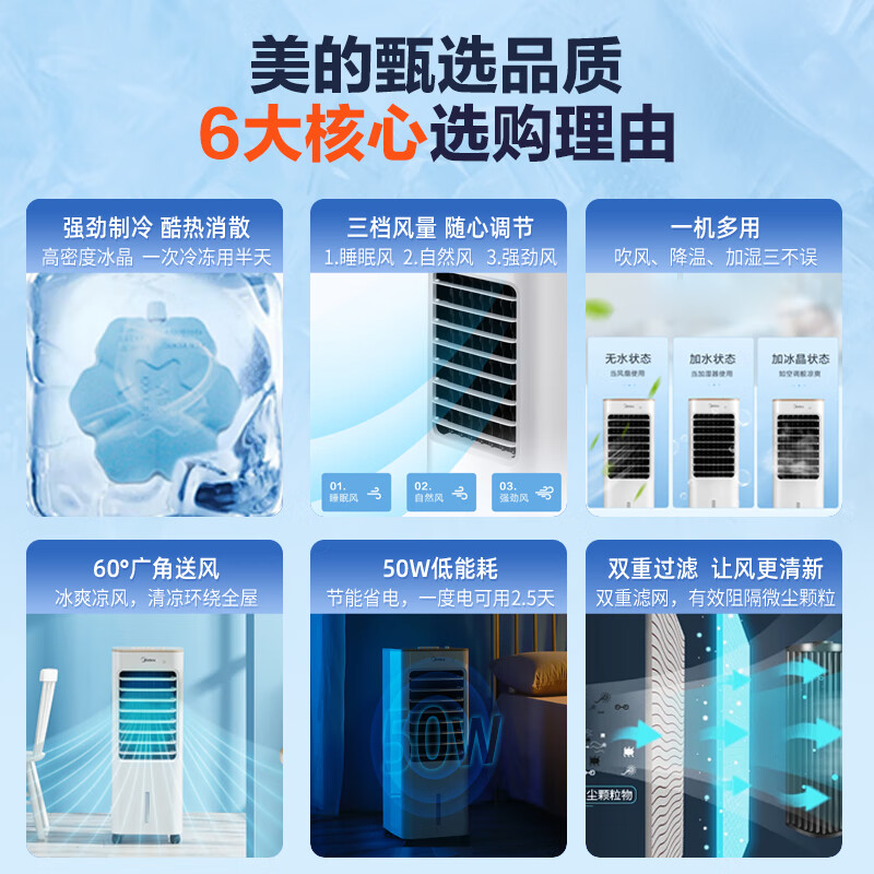美的(Midea) 空调扇冷风扇单冷制冷器移动冷风机冷气器机家用大风量迷你小型柜式空调扇 AAB10A 白色
