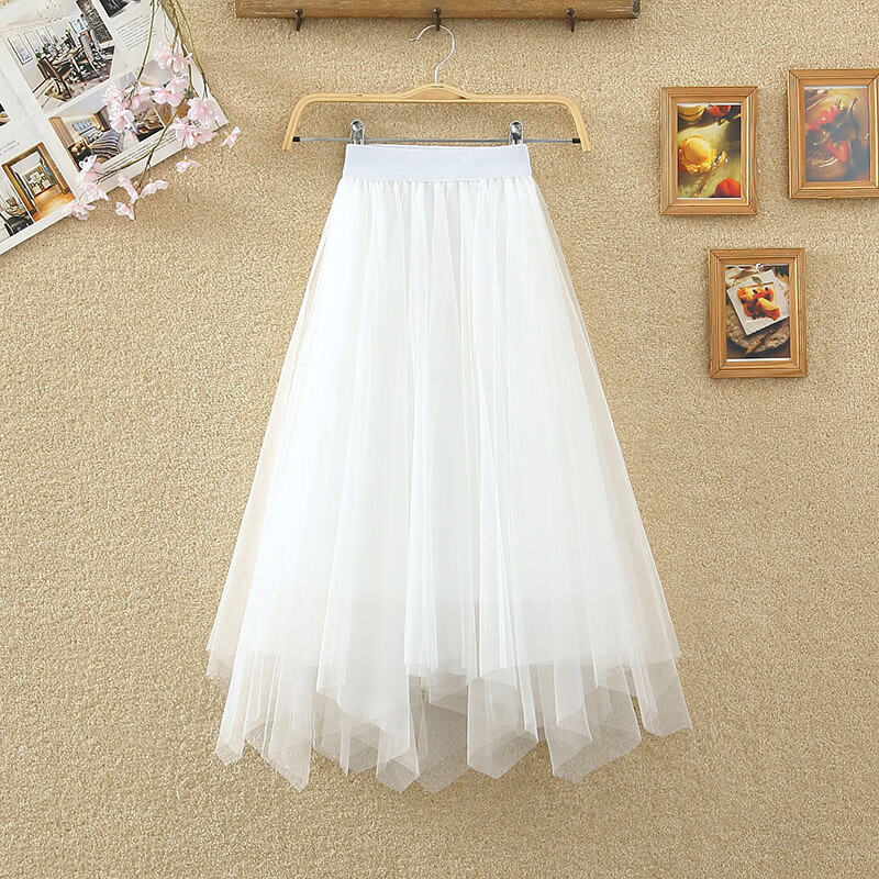 不规则网纱半身裙女秋季高腰显瘦中长款裙子蓬蓬裙仙女纱裙a字裙 白色