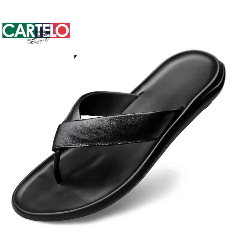 卡帝乐鳄鱼(CARTELO)潮牌夏季头层牛皮夹脚男士2026夏季新款人字拖鞋男真皮软底外穿防 黑色光面皮 40