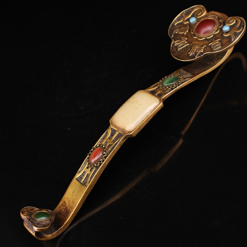 铜黄铜镶嵌宝石如意摆件古玩收藏家居装饰工艺品吉祥如意风水铜器