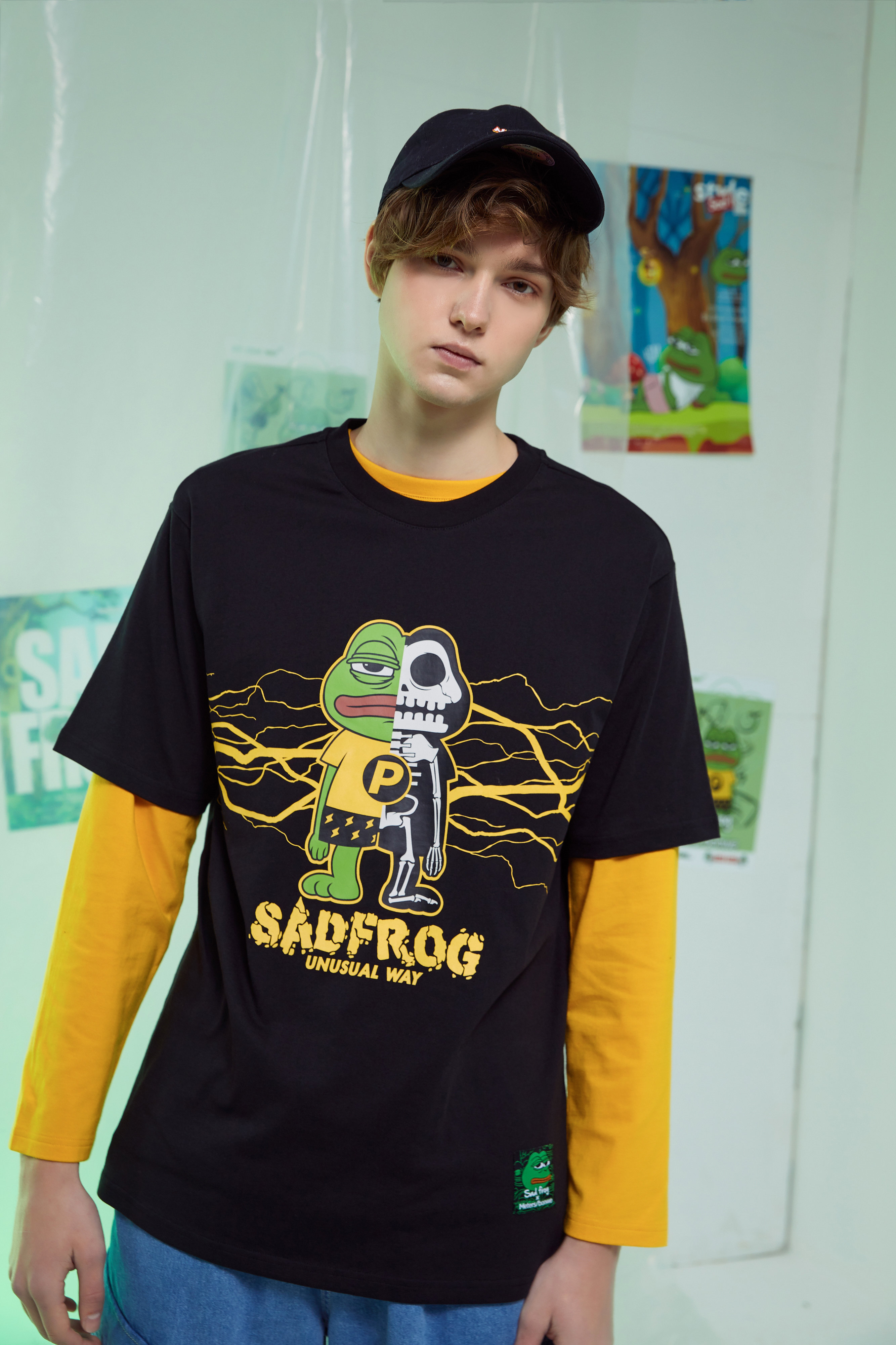 美特斯邦威悲伤蛙联名短袖t恤男夏季情侣装宽松女士体恤 黑色 170/m