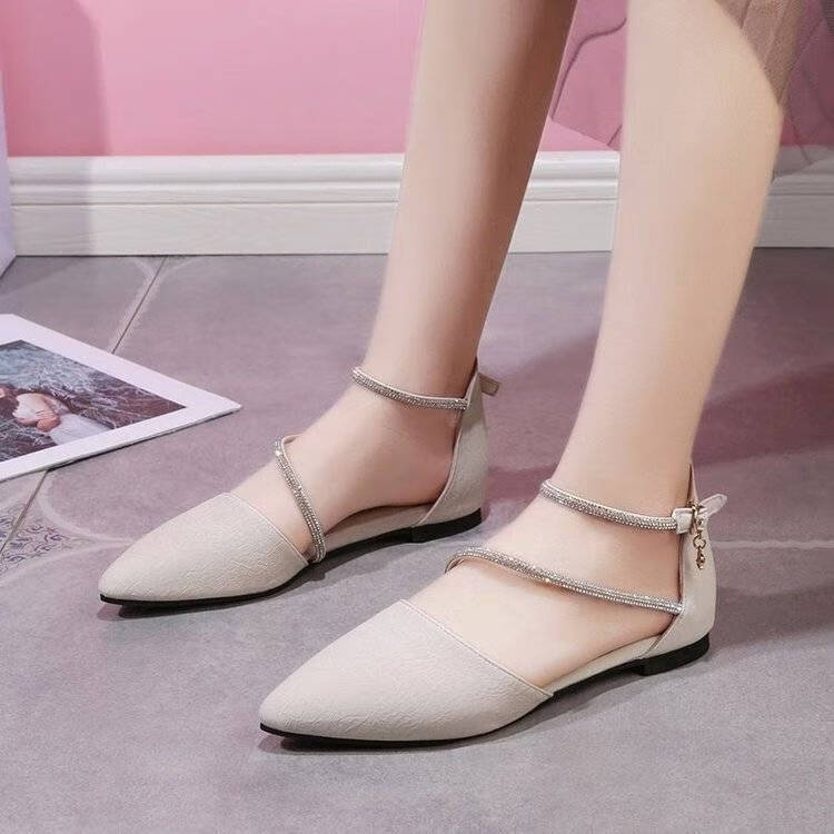 xzax平底单鞋女新款网红一字带水钻女鞋气质包头凉鞋女仙女风夏季 米