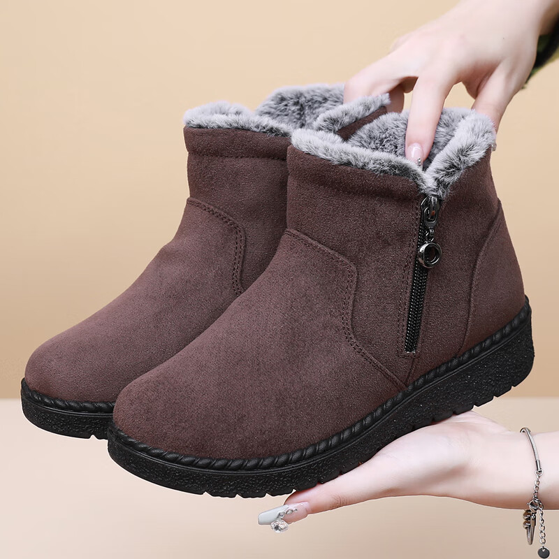 布瑞京老北京布鞋女鞋子棉鞋女冬季加绒加厚保暖妈妈厚底雪地靴女款短筒 咖啡色 加绒 B-80023 42