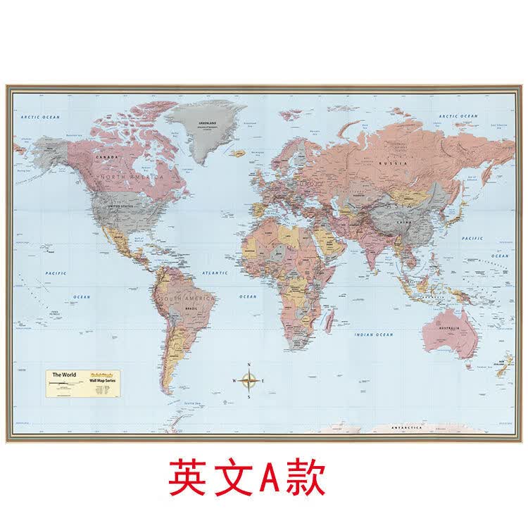 英文世界室挂画装饰画客厅书房墙画高清大幅 英文A款 70*100布地图加白色外框