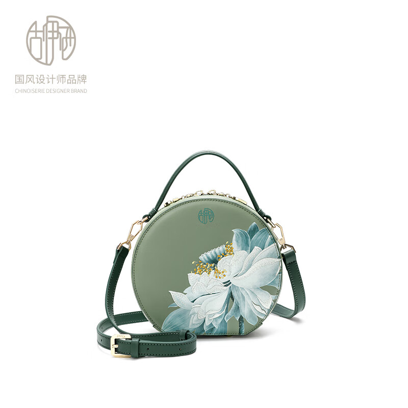 古伊西中国风女包刺绣小圆包牛皮圆饼包复古国潮汉服旗袍包手提斜挎包女 青瓷+送礼品袋+代写贺卡