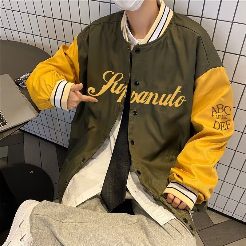 痞帅棒球服男2022年高街潮流嘻哈青少年字母印花拼色宽松外套 绿色 m