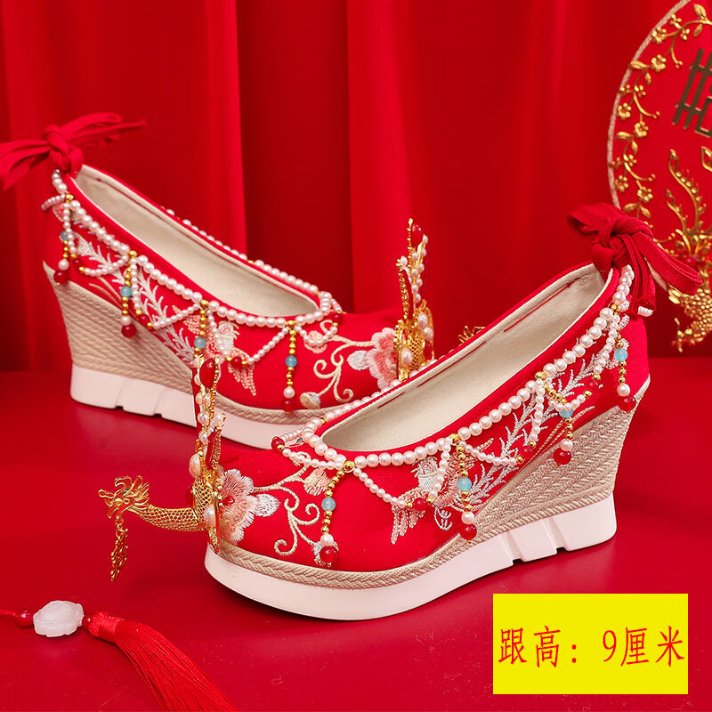 春秋内增高汉服鞋红色坡跟新娘鞋古风中式绣花鞋 红色602凤凰珠 9厘米