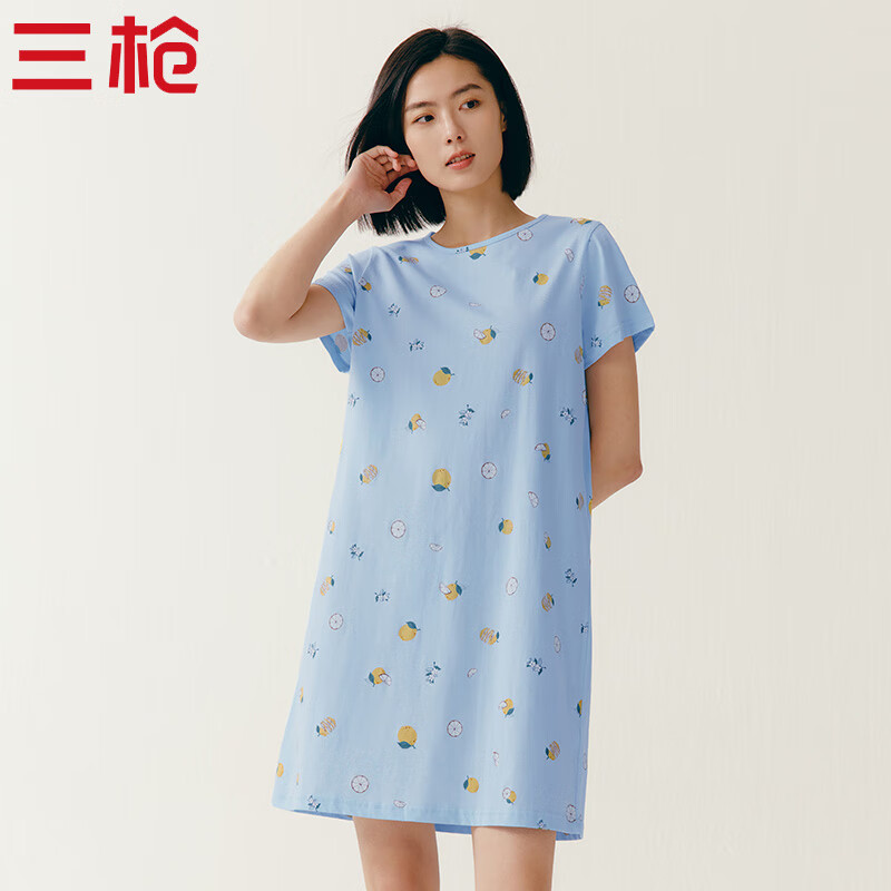 三槍夏季透氣女純棉睡裙薄款可愛清新印花圓領短袖短裙甜美家居裙 藍底檸檬 3XL /180(適合體重150-160斤）
