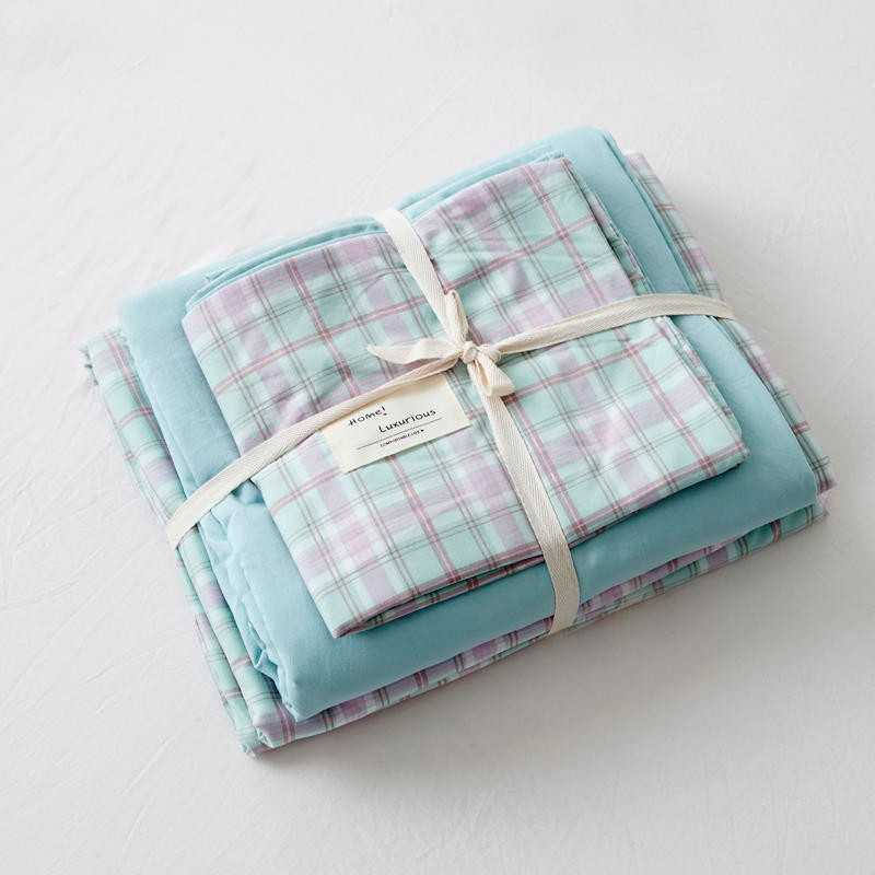 麦琪娜 美棉四件套床上用品四件套水洗棉四件套 青柠格-学生款三件套-被套150*200cm