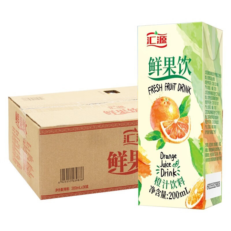 新日期 汇源果汁 鲜果饮橙汁 桃汁复合饮料整箱 清新甜橙味 200ml*12盒