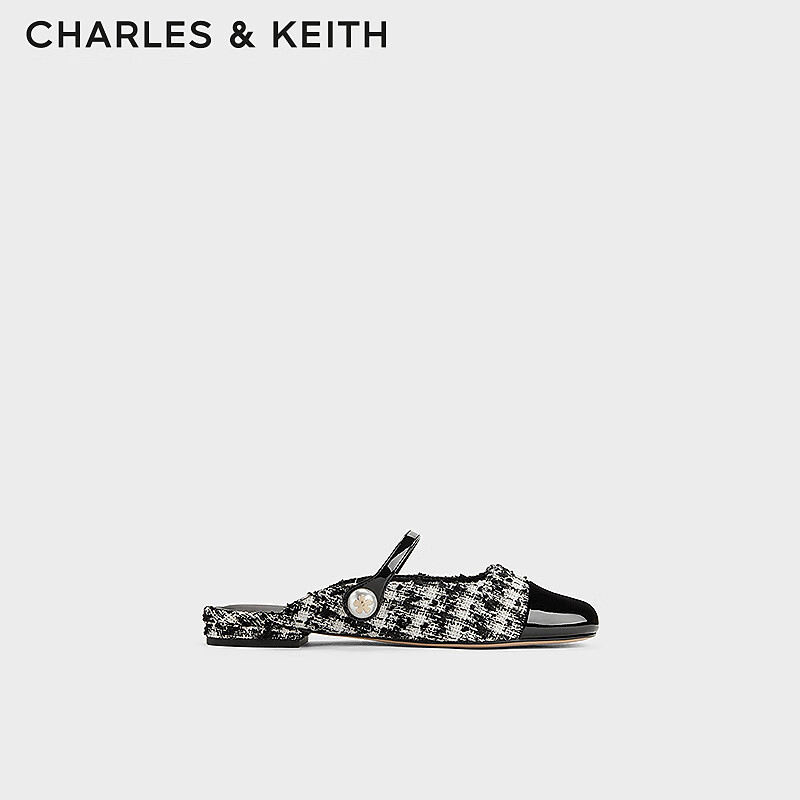 CHARLES&KEITH24春新品法式一字带平底穆勒拖鞋CK1-70900458-1 BLACK TEXTURED黑色纹理 36