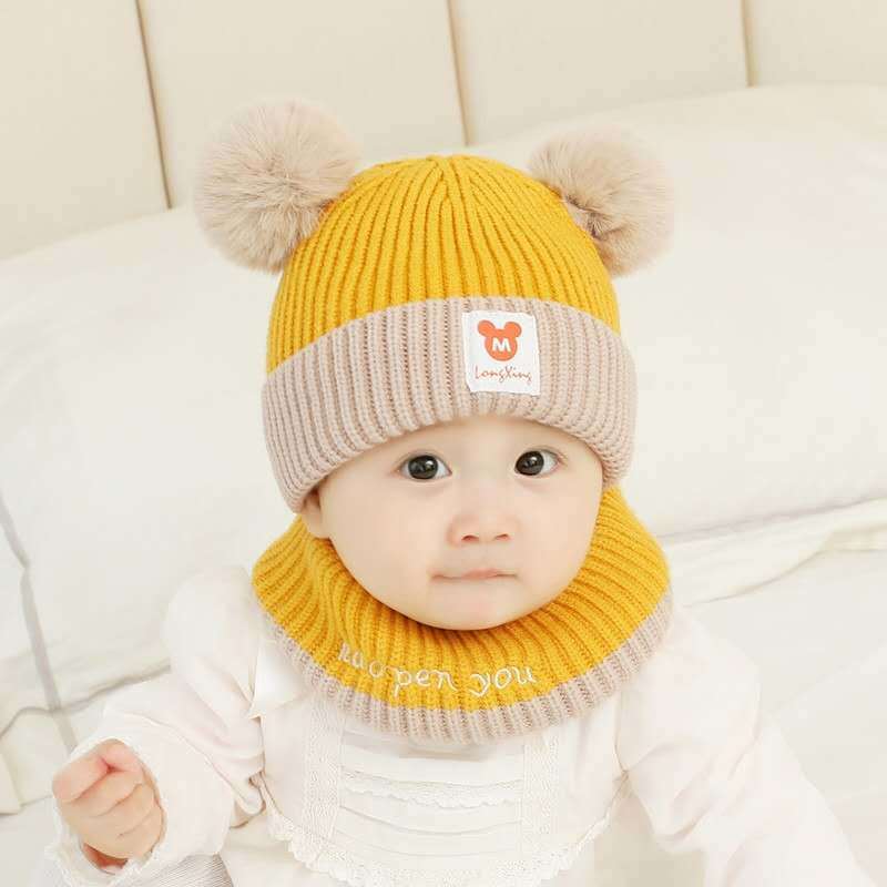 婴儿帽子秋冬季新生儿加厚加绒毛线针织帽0-2岁男女宝宝儿童帽子 黄色米奇加绒套装 【单个帽子】2个月-3岁可戴
