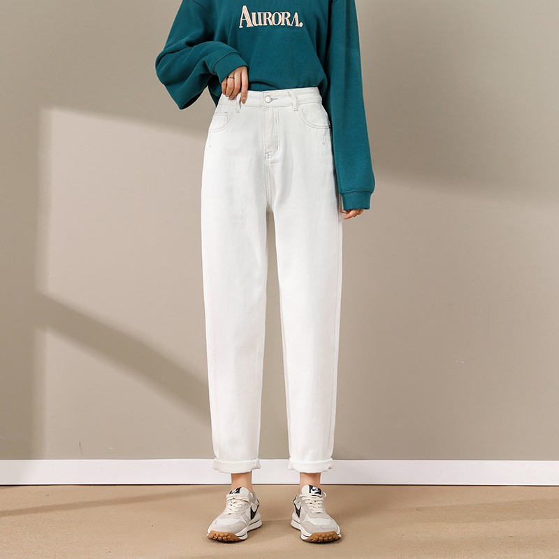 高腰牛仔裤女新款春秋宽松直筒显瘦九分哈伦裤萝卜加绒老爹裤子 白色