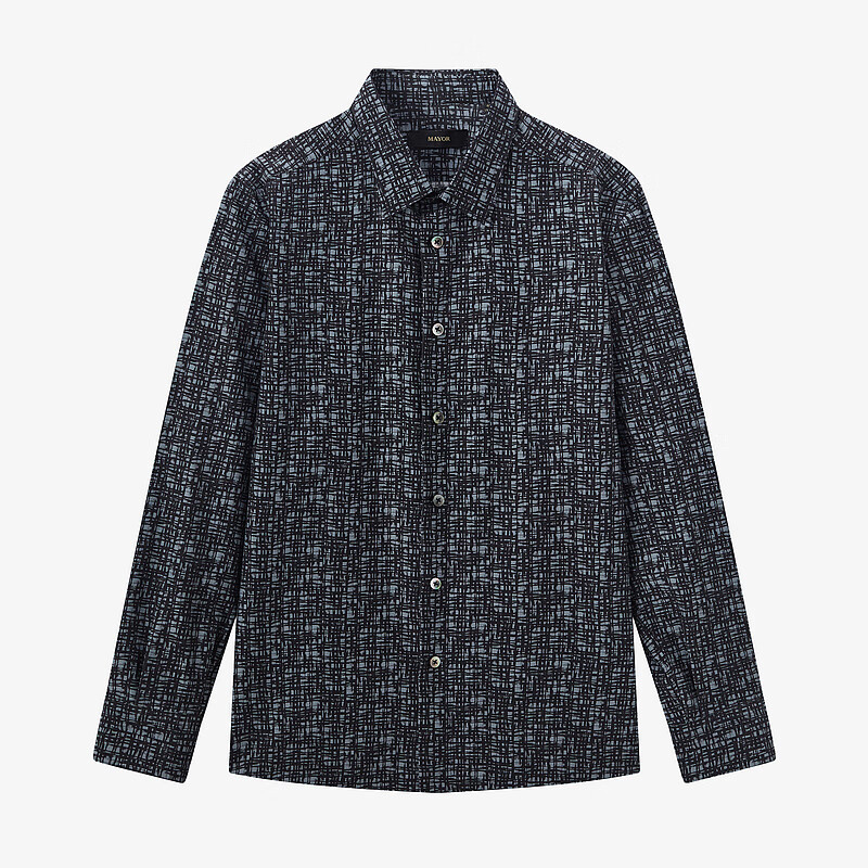 MAYOR男装 秋季棉桑蚕丝印花透气修身时尚男士长袖衬衫 黑灰 38