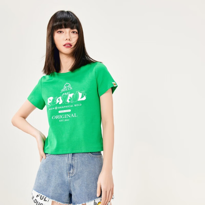 duck小黄鸭女装双色短袖t恤夏季新款休闲时髦少女简约潮t 绿色 xs