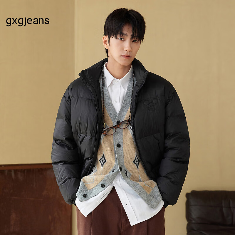 gxgjeans男装 2024年冬季个性刺绣保暖黑色短款保暖羽绒服 黑色-2 180/XL