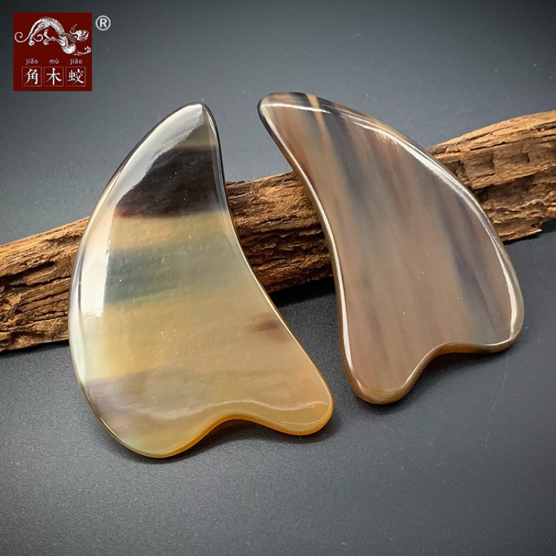 角木蛟厂家牦牛角刮痧板手作心形按摩片黑花纹理 厚款