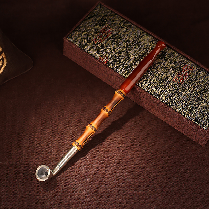 佰穆兰手工白铜镶花设计烟斗加长竹节旱烟袋老式铜烟枪男士礼物 总长