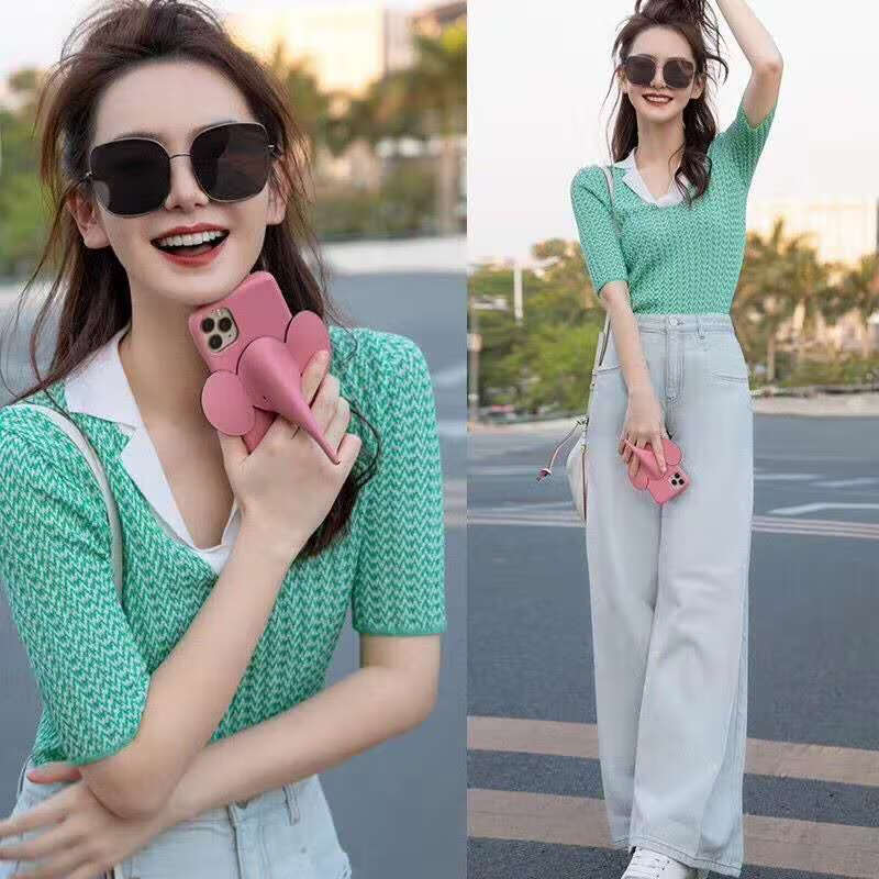 戚薇明星同款衣服2023新款绿色复古提花修身显瘦冰丝针织衫t恤 图片色