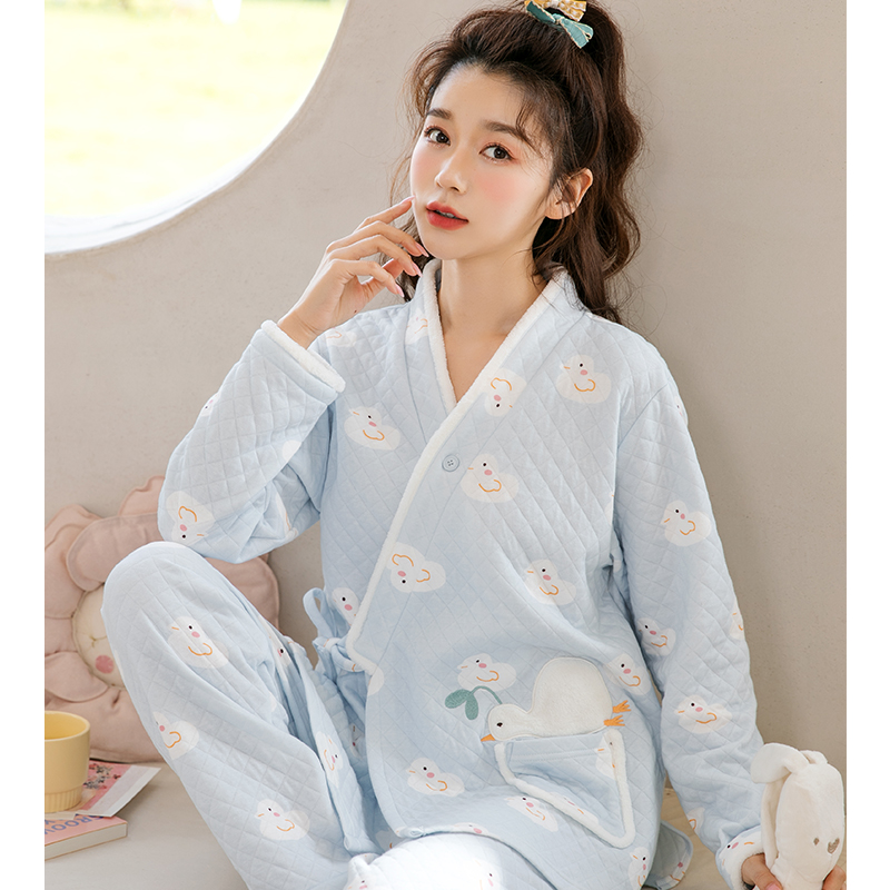 家の时光月子服春秋12月份11空气棉孕妇睡衣秋冬季里外纯棉哺乳产妇待产服 小蓝鸭 XL码 推荐145-160斤