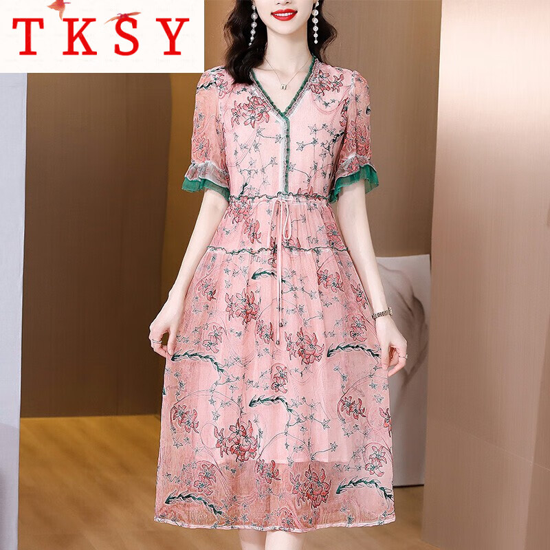 tksy轻奢高档杭州重磅高端奢华品牌真丝桑蚕丝连衣裙女夏感女士长裙子