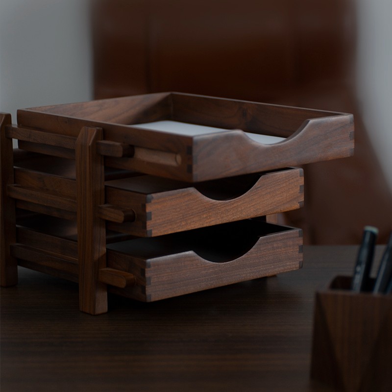 木上 黑胡桃收纳架办公书桌面a4文件资料置物架抽屉式多层日式收纳盒
