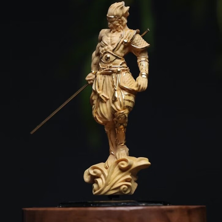 群仙作黄杨木孙悟空(太阳能款)底座胡桃木规格高12/宽厚9/cm