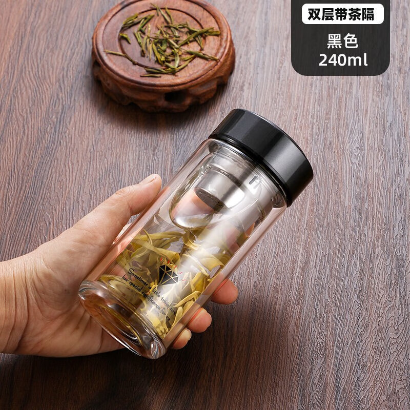 久瑞迷你双层玻璃杯小巧茶杯便携男女隔热水杯简约小容量加厚2023新款 黑色 240ml