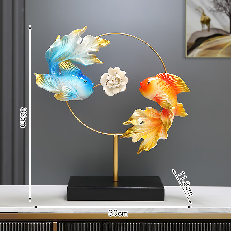 柜两边装饰品高档酒店前台招财锦鲤摆设 橙红配蓝双色鸳鸯鱼戏莲摆件