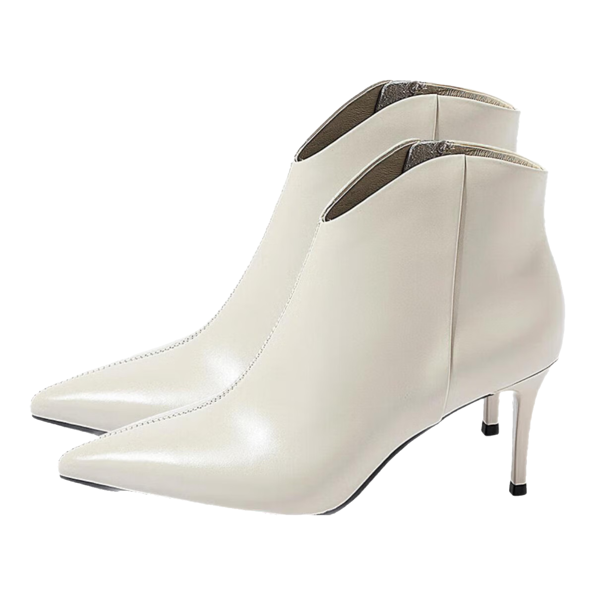 康莉真皮時(shí)裝靴女冬季新款羊皮細(xì)跟尖頭側(cè)拉鏈氣質(zhì)短靴高跟鞋 米白色 36