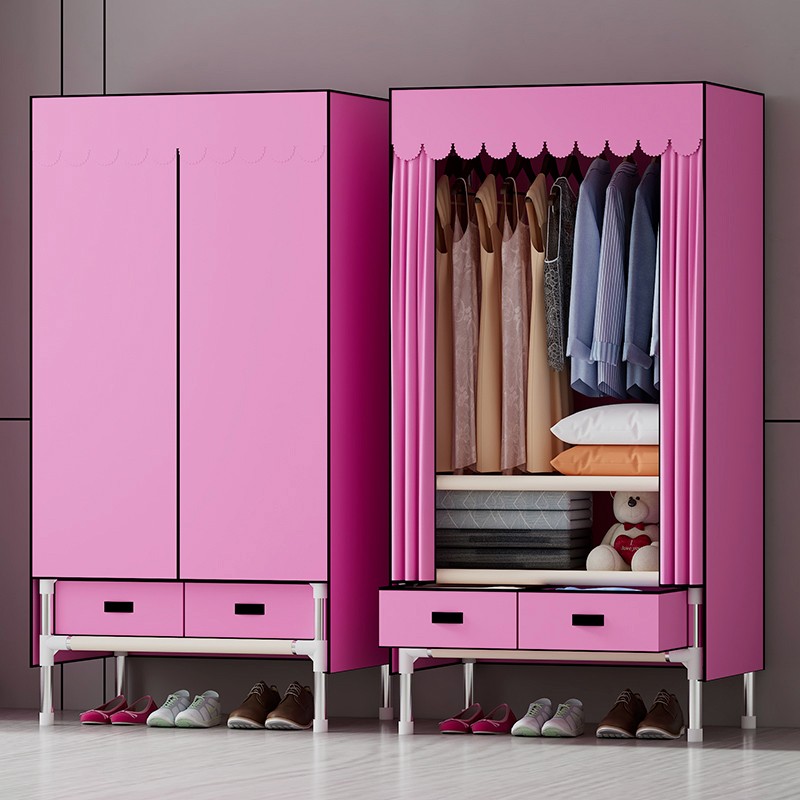衣柜简易布衣柜钢管加粗加固单人宿舍租房组装加厚布卧室挂衣柜 粉色