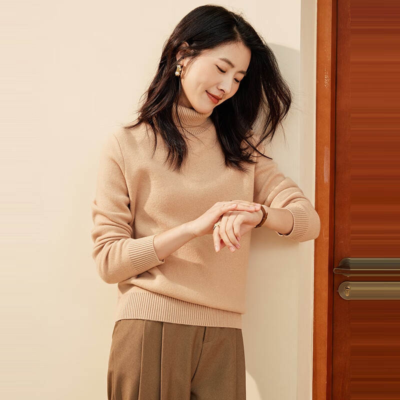 恒源祥厚款保暖纯羊毛衫女秋冬季新款高领套头毛衣纯色打底女装针织衫 奶咖色 M /165/88A