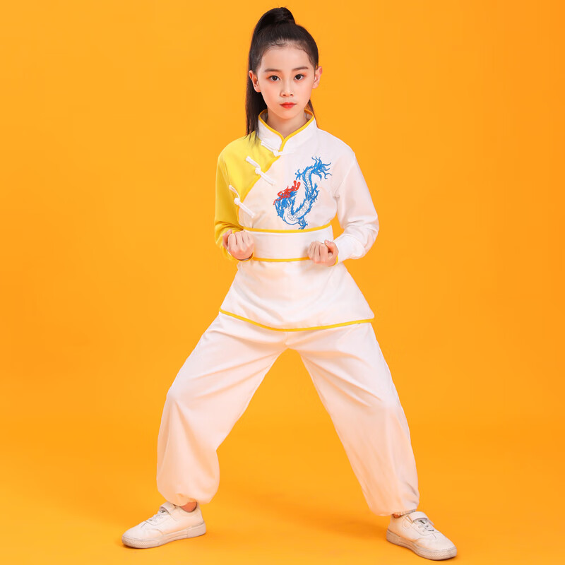 锋歩（F）儿童武术表演服男女少儿功夫训练服中小学生中国风太极演出练功服 斜襟白色长袖 110