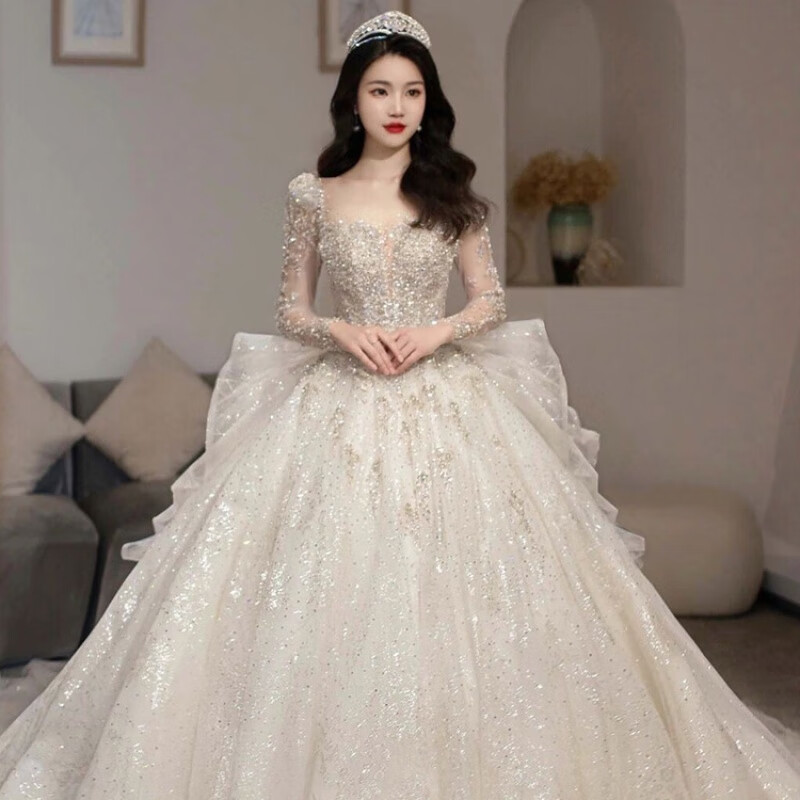 蔓夏婚纱新娘主纱2023轻婚纱2023新娘小个子质感生日宴会公主裙主纱长 拖尾白色款+手套+头纱+裙撑 M高性价比高么？