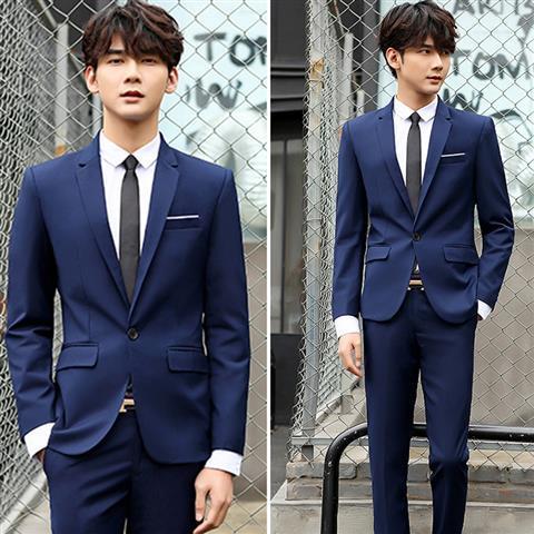 搭配秋季套装男士西服青年商务帅气小西装一套韩版修身正 蓝色【西服