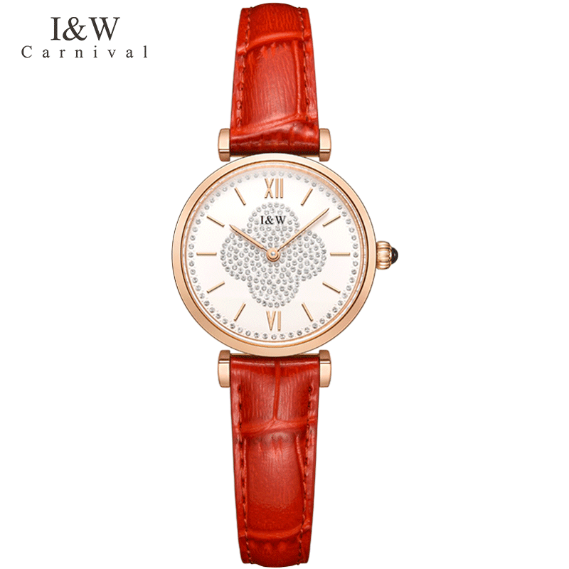 爱沃驰瑞士幸运草系列时尚防水石英手表女士表七夕生日礼物送女友 胭脂红竹纹皮|电池寿命约5年