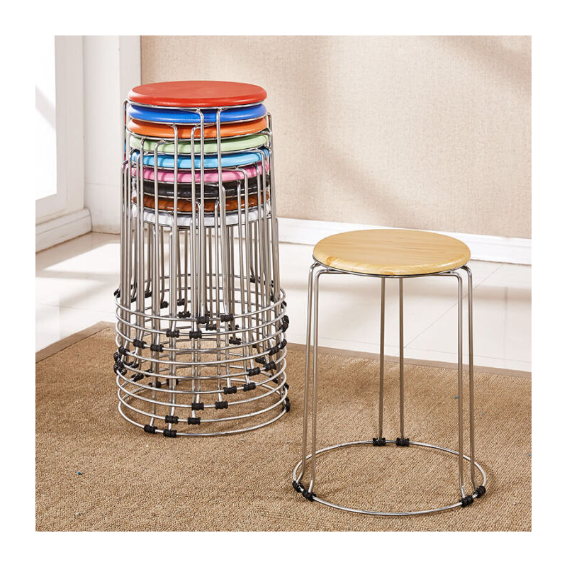 从野 椅子凳子家用圆凳结实用餐凳钢筋金属客厅居家时尚简约 六柱实心钢筋棕木纹木板