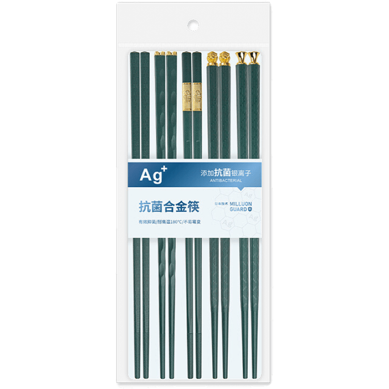 客满多 合金筷子家用日式高颜值防滑耐高温筷子抗菌易清洗餐具家庭筷子一人一筷 E5北欧绿-金色【5双装】