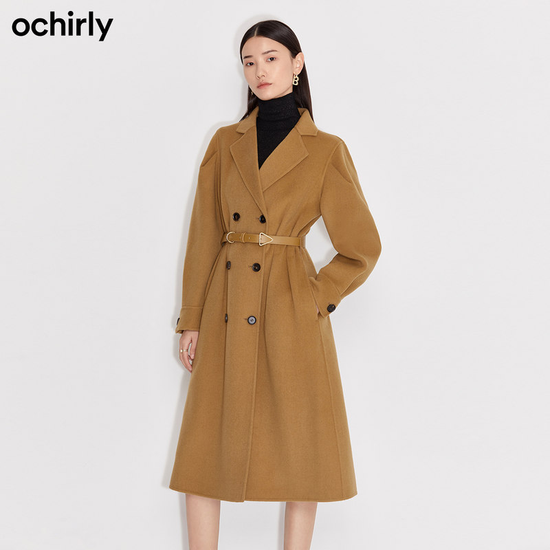 ochirly欧时力新款秋冬双排扣羊毛呢腰带大衣外套女 卡其绿597 s