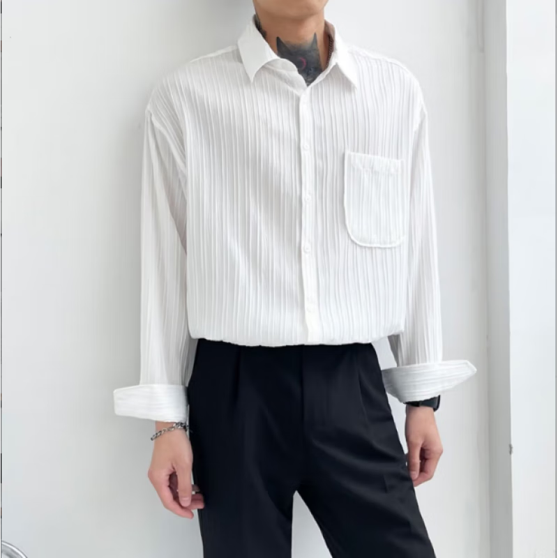 琛森流低领衬衫男士休闲大领口纯色轻熟风韩版宽松长袖衬衫男士夏季