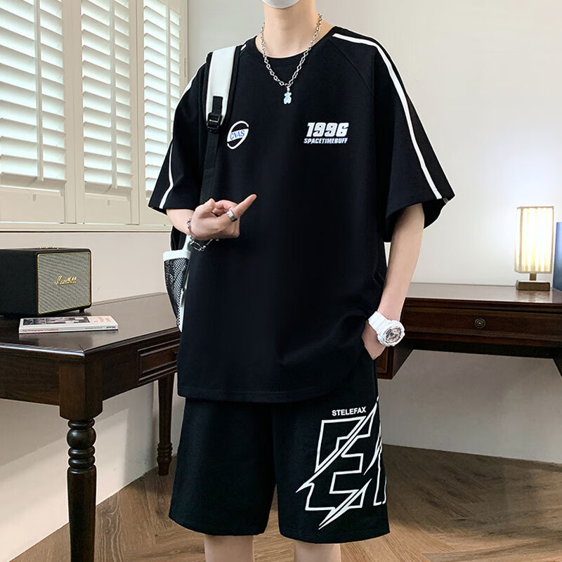 列迅圆领短袖t恤男生夏季休闲运动套装青少年潮牌酷帅穿搭两件套衣服T 5813白色 S (约70~85斤可穿)