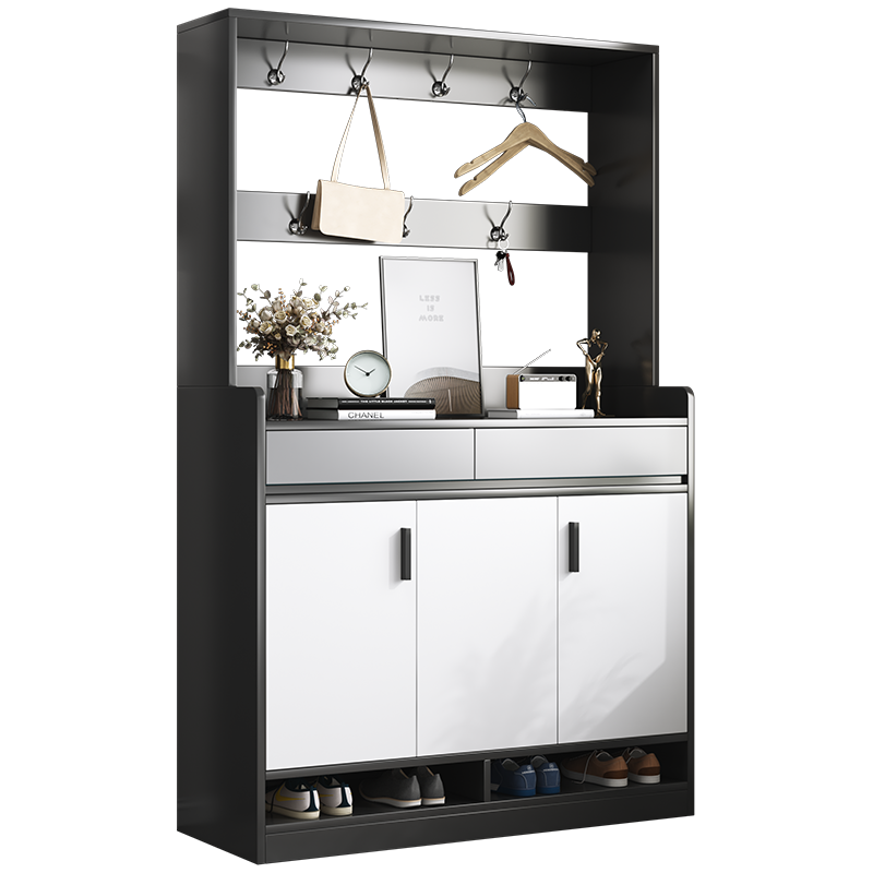 宜造 鞋柜家用门口简易大容量小户型收纳阳台北欧储物柜简约现代柜子 【带挂衣区】两抽三门丨暖白(90cm)