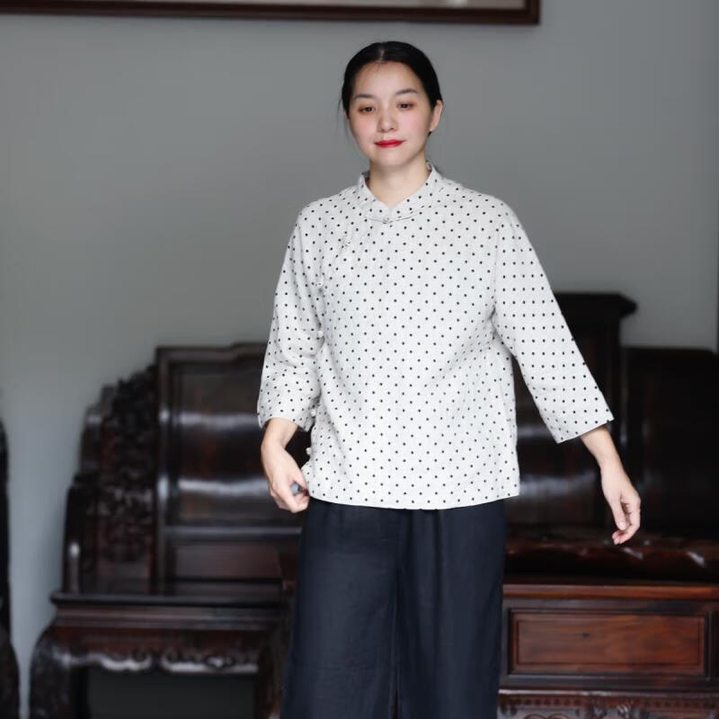 如素慢衣小波点 双雨露麻上衣 36217 麻底小黑点 m85-115斤