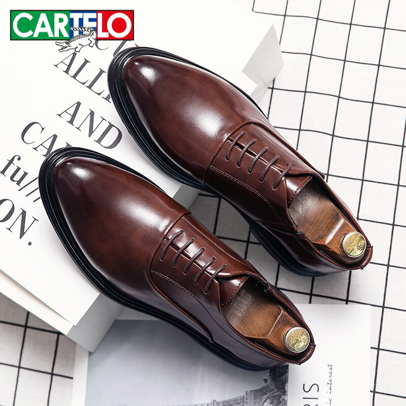 鳄鱼(cartelo)休闲皮鞋男英伦尖头商务正装上班新郎结婚夜店发型师