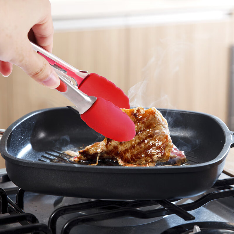 云独耐高温食品级防烫夹 硅胶食品夹牛排夹子食物烧肉夹 加长烧烤夹子 魅力红 大号12寸-33CM