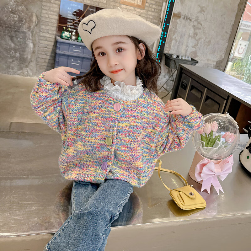 茶小阿女童针织彩虹外套儿童小香风春秋上衣2024新款网红韩版春装女