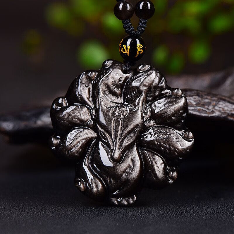 罗晶慧金矅石黑曜石九尾狐狸项链灵狐银曜石水晶挂件